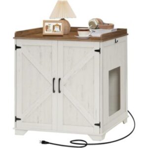 Cloud White and Walnut Cat Litter Robot Enclosure, Large Hidden Litter Box Furniture with Charging Station and Hooks, Litter Robot Cabinet with Storage Top