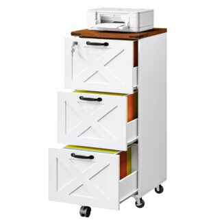 HOOBRO 3 Drawer File Cabinet with Lock, Farmhouse Office Cabinet, Wooden Tall Mobile Filing Cabinet Fits A4 and Letter-Size File Folder, Printer Stand, for Home Office, White and Walnut