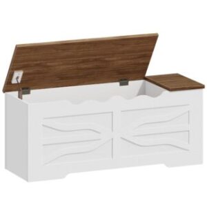 White and Walnut Toy Box, Farmhouse Storage Bench with Safety Hinges, Wooden Storage Chest with Side Storage Cubby, 47.2''L x 15.7''W x 19.5''H, for Entryway, Bedroom, Living Room