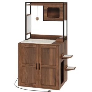 Walnut Cat Litter Robot Box Enclosure Furniture, Hidden Automatic Litter Cabinet, Dog-Proof Shelf with Charging Station, Scratching Mat, Bowls, Cat House