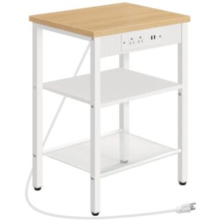 End Table with Charging Station and USB Ports, 3-Tier Nightstand with Adjustable Shelves, Small Side Table for Small Space in Living Room, Bedroom and Balcony, Natural and White
