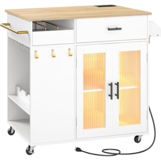 Кухонный остров с розеткой, Кухонный остров на колесах, Катание на островном островке с кухней со светодиодным светом, Большая рабочая стойка, Ящик, Открытые полки и чашки, Белый и естественный