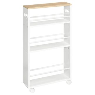 Cart caol don chistin, 45 x 15 x 80 cm, cistin ag freastal ar tralaí le 4 leibhéil, Seilf cistine le 360 Rothaí agus ráillí rothlacha, Éasca le teacht le chéile, stiúnaithe, tionsclaí, bán agus nádúrtha