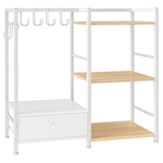 White and Natural 3-Tier Purse Organizer for Closet, Multi-Functional Purse Rack with 6 Hooks, Floor Standing Handbag Storage Rack with Drawer, for Cloakroom, Foyer, Bedroom