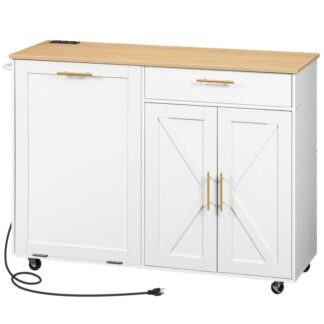 Kitchen Island with Trash Can Storage, White and Natural Rolling Kitchen Island Cart with Power Outlet & Ящик, Kitchen Carts on Wheels with Storage, Mobile Island Table