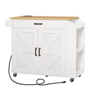 White and Natural Kitchen Island with Drop Leaf Countertop & Power Outlet, Rolling Island Cart on Wheels, Kitchen Cart with Drawer & Spice Rack, Mobile Island Table for Kitchen