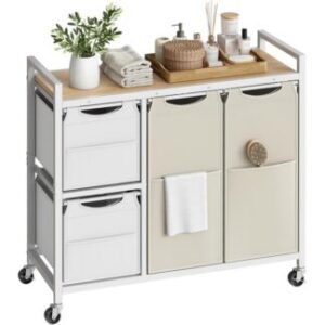 Laundry Sorter with 4 Section, Natural and Beige Laundry Hamper with Wheels, Rolling Laundry Basket with Shelf, Pull-Out Detachable Bags, Side Pockets