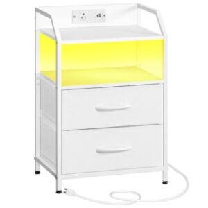 White Nightstand with Charging Station, Bedside Table with 1 AC Outlet, 1 USB Port, and 1 Type-C Port, Night Stand with LED Light Strip and 2 Non-Woven Drawers, for Bedroom