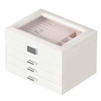 Bijoue Këscht mat Glas Lid, 4-Tier Bijouen Organisator, Bijoue Këscht fir Fraen, Vill Späicherplatz, Gëeegent fir Halsketten, Ouerréng, Rings, Braceleten, Cadeau fir beléifte Leit, Wäiss