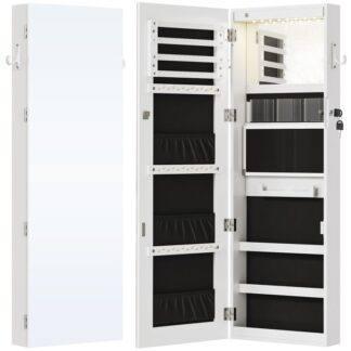 Armoire à bijoux miroir à LED, Armoire à bijoux murale/porte avec miroir pleine longueur, Armoire de rangement de bijoux verrouillable, Miroir de maquillage LED intégré, Cadeau créatif, Blanc