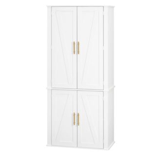 kitchen pantry storage cabinet, 70" tall cupboard, with barn doors and adjustable shelves, 6 hanging shelves for dining room, living room, white