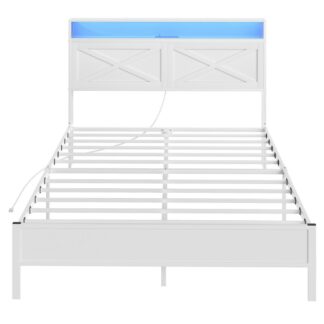 Белая полноразмерная каркас кровати, Каркас кровати с зарядной станцией и светодиодной подсветкой, Изголовье с полками, Тяжелая металлическая рама, Бесшумный, Легкая сборка, Никакие пружины не нужны
