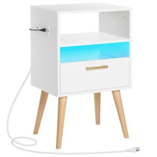 nightstand with charging station and led lights, night stands with drawer, end bedside table with usb ports & outlets, side table for bedroom, led nightstands, for bedroom, white