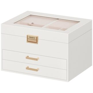 Jewelry Box with Glass Lid, 4 Layers Jewelry Organizer Box, Jewelry Holder Organizer, Jewelry Case for Earring, Ring, Necklace, Bracelets, Gift for Loved Ones, White