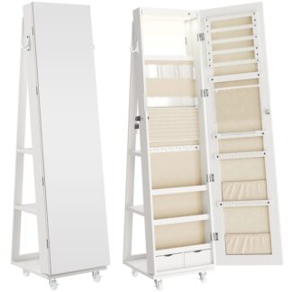 360 Roterende smykkeskab med lys, Smykker armoire med spejl i fuld længde, Låsbar stående smykkearrangør Armoire, Indbygget LED Makeup Spejl, Kreativ gave, Hvid