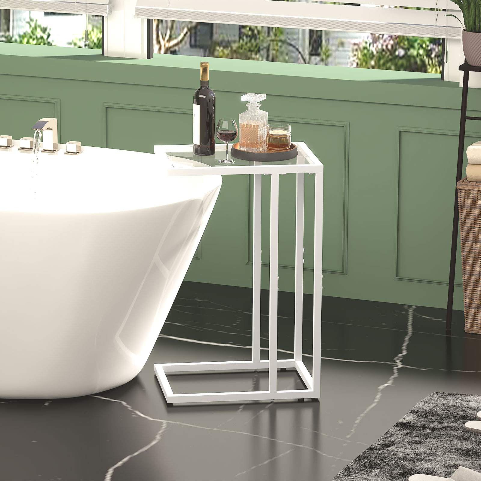 Weißer C-förmiger Beistelltisch aus gehärtetem Glas mit Metallrahmen, Multifunktionaler Snack im modernen Stil & Laptop-Beistelltisch für kleine Räume, Sofa, Couch und Bett - Bild 6