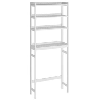 Organisateur de salle de bain au-dessus des toilettes, 4 Étagère de rangement en bambou au-dessus des toilettes, 23.6" Lx9,4" W x 65.7" H, Gain de place, Écurie, Assemblage facile, pour salle de bain, Lessive, Salle de repos, Blanc