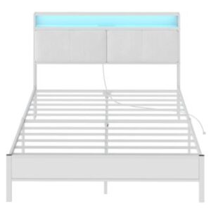 White Queen Bed Frame, Metal Platform Bed Frame with Charging Station and LED Light, Headboard with Shelves, No Box Springs Needed