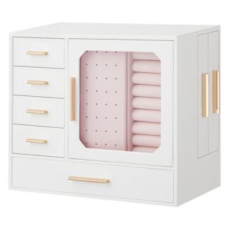 Jewelry Box with Glass Window, Large Capacity Jewelry Organizer, Jewelry Storage, Portable Jewelry Organizer Box, Modern Style, White and Light Gold