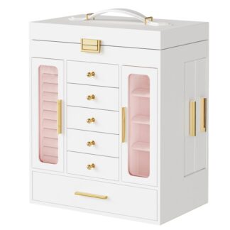 Boîte à bijoux, Boîte de rangement de bijoux, Couvercle supérieur avec miroir, Tiroirs amovibles, 10.2" L x 6,5" W x 12,6" H, pour vous-même ou vos proches, Blanc