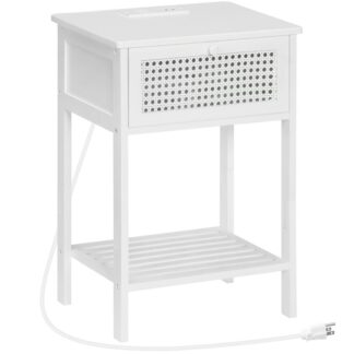 Bamboo End Table with Charging Station, Rattan Nightstand with Flip-Down Door Drawer, Side Table for Small Space, Sofa Side Table Easy to Assemble, for Bedroom, Living Room, White