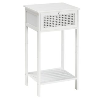 End Table, Bamboo Side Table with Drawer, Rattan Nightstand for Small Space, Tall Bedside Table, Phone Table Easy to Assemble, for Bedroom, Living Room, Study Room, White