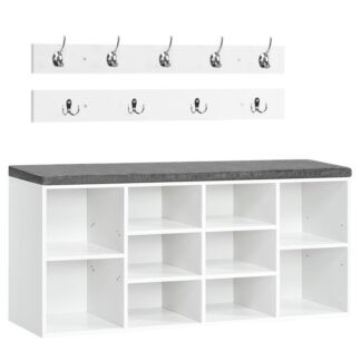 Schuhbank, Lagerbank mit Kissen, 10 Fächer, 9 Kleiderhaken, Schuhregalbank, Multifunktionaler Lagerschrank für den Eingang, Flur, Schlafzimmer, weiß und grau