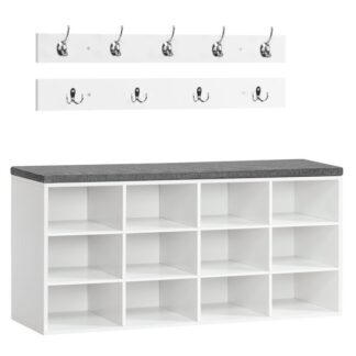 Ławka do przechowywania butów z poduszką, ławka przy wejściu, 39.4" drzewo halowe, wieszak na ubrania, 12 Cubbies, utrzymuje 330 funty, stojak na buty, Szafka do przechowywania do sypialni, korytarz, biały i szary