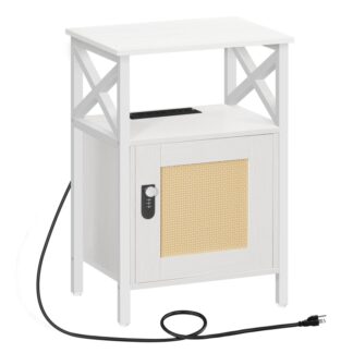 Table de nuit avec station de recharge, Table de bout en rotin avec étagères ouvertes et armoire de rangement, Table d'appoint avec verrouillage combiné, Panneau de porte de rotin faux, Cadre x, pour le bureau, Étude, Blanc