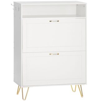 Обувной шкаф, Шкаф для хранения обуви в прихожей, с 2 Откидные ящики, Шкаф для обуви со скрытым опрокидывающимся ведром, Шкаф-органайзер для обуви, с открытыми полками и крючками для одежды, Белый