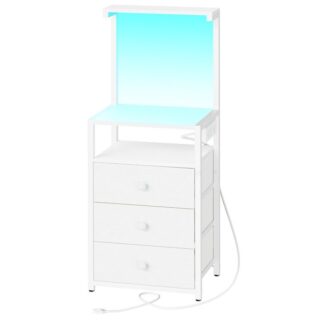Table de nuit avec station de recharge et lumières LED, Table de nuit LED avec prises et ports USB, Table de bout avec tiroirs en tissu et étagères de rangement ouvertes pour chambre à coucher, Blanc