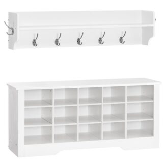hall træ med sko bænk, frakke rack sko bænk sæt, 39.4 inches entryway bænk med frakke stativ, Mud Room Organization and Storage Bench, 15 Cubbies, justerbare hylder, hvid