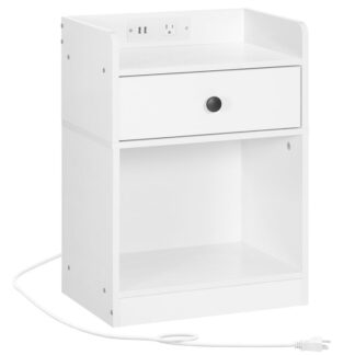 Table de chevet HOOBRO avec station de recharge, Table de bout avec tiroir et tablette ouvrante, Table de chevet avec ports et prises USB, Petit stand de nuit pour la chambre, Style simple, Blanc