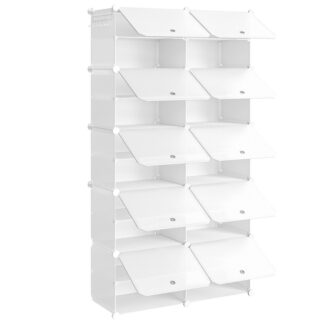 White Shoe Rack, 10-Cube Shoe Organizer with Doors, Plastic Panel for 40 Pairs of Shoes, for Closet, Entryway, Hallway