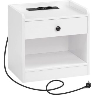 White One Dather Likerstand, table de chevet avec station de charge et compartiments ouverts, ports et sockets USB, étagère de rangement, table d'appoint pour la chambre, salon, blanc
