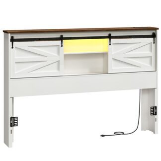 Королева размер изголовья только для спальни, Деревянное изголовье книжного шкафа с зарядной станцией и светодиодными огнями, Королева фермы с хранением и дверями сарая, Изголовье для размера королевы