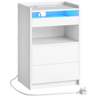 Bílý nodový stolek s nabíjecí stanicí, Koncová tabulka s 20barevnými LED světly, Noční stolek s 1 AC Outlet, 2 USB porty, 3 Zásuvky pro ložnici, Obývací pokoj, Studie, Home Office