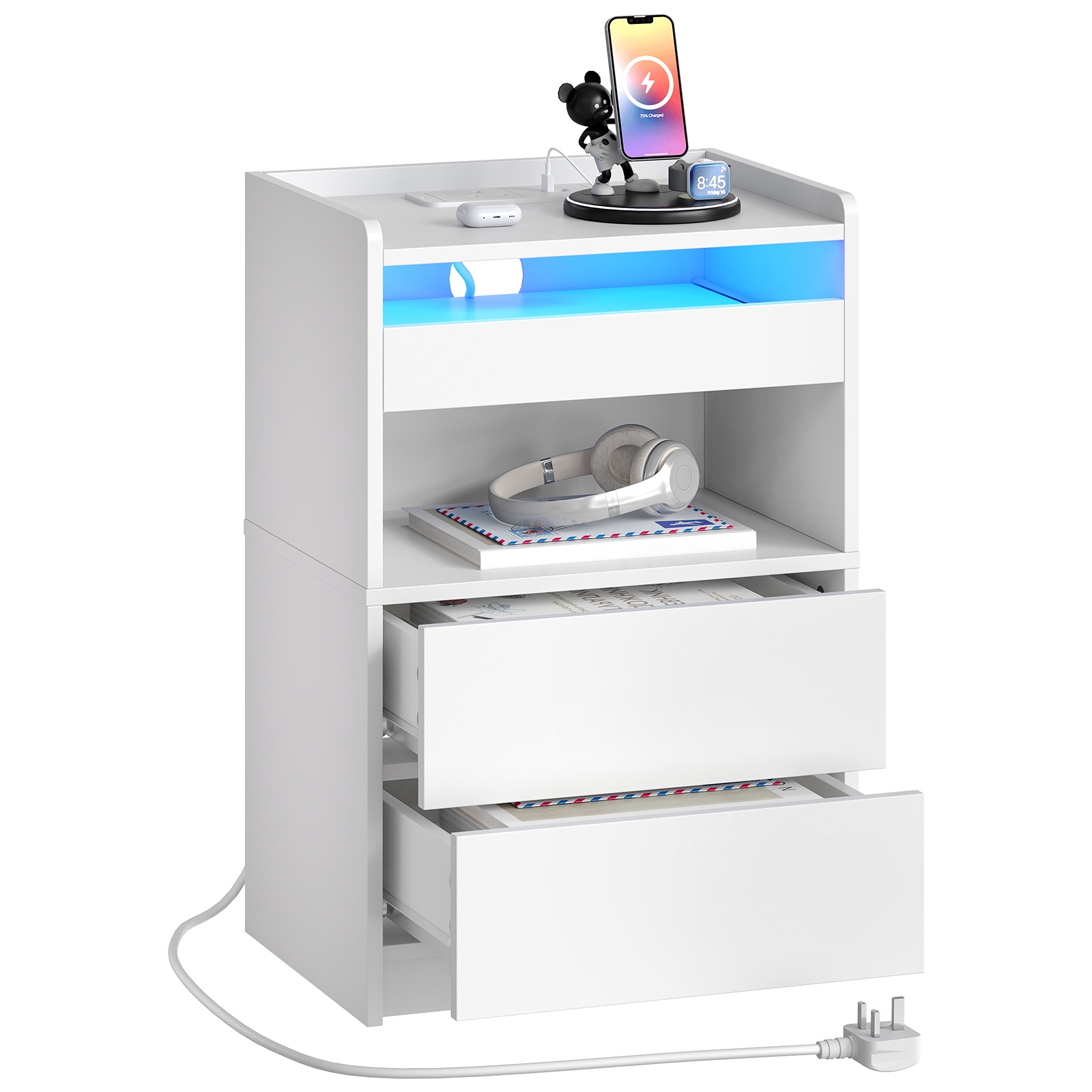 White Bedside Table with Charging Station, End Table with 20-Color LED Lights, Nightstand with 1 AC Outlet, 2 USB Ports, 3 Drawers for Bedroom, Living Room, Study, Home Office