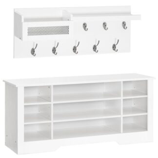 frakke rack sko bænk sæt, Hall Tree Coat Rack med skoopbevaring, 39.4 Inches Entryway Shoe Rack med frakkeholder, mudroom bænk med opbevaring og kroge, justerbare hylder, hvid