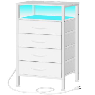 Bílý noční stolek s nabíjecí stanicí a LED světlo, Konec stolu s 4 Zásuvky na textilie, BEDSIDE STABLE S PŘÍBĚHY A USB, Vysoká noční stojan pro ložnici