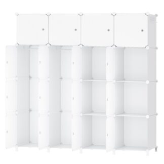 خزانة الملابس المعيارية, 16 خزانة ملابس بلاستيك مكعبات مع أبواب, خزانة ملابس متنقلة مع 2 القضبان المعلقة, توفير المساحة لغرفة المعيشة, غرفة نوم, مدخل, أبيض