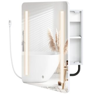 Witte badkamer medicijnkast met spiegel en lichten, Muur gemonteerde kast met opslag, Verlichte medicijnkast met LED -lichten, Verstelbare plank, Oplaadpunt, 2 Stopcontacten