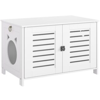 Recinto de caja de arena de gato moderno, baño de baño oculto blanco, bandeja de arena de madera con 2 puertas, Banco de almacenamiento de muebles de gatos interiores para sala de estar, baño, gabinete de arena transpirable