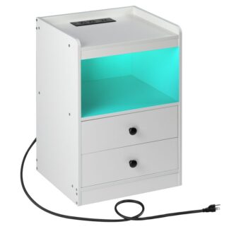 Şarj İstasyonlu ve LED Işıklı Sehpa, Çekmeceli ve Depolama Raflı Komidin, USB Bağlantı Noktalı ve Çıkışlı Yan Sehpa, Küçük Alan için, Yatak odası, Beyaz