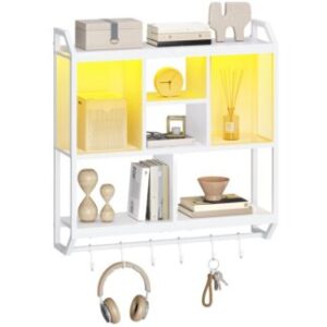 White Gaming Floating Shelves, Wall Mounted Hanging Shelf with LED Lights, 4-Tier Display Rack for Wall Storage, Floating Storage Rack with 6 S-Hooks, for Gaming Room