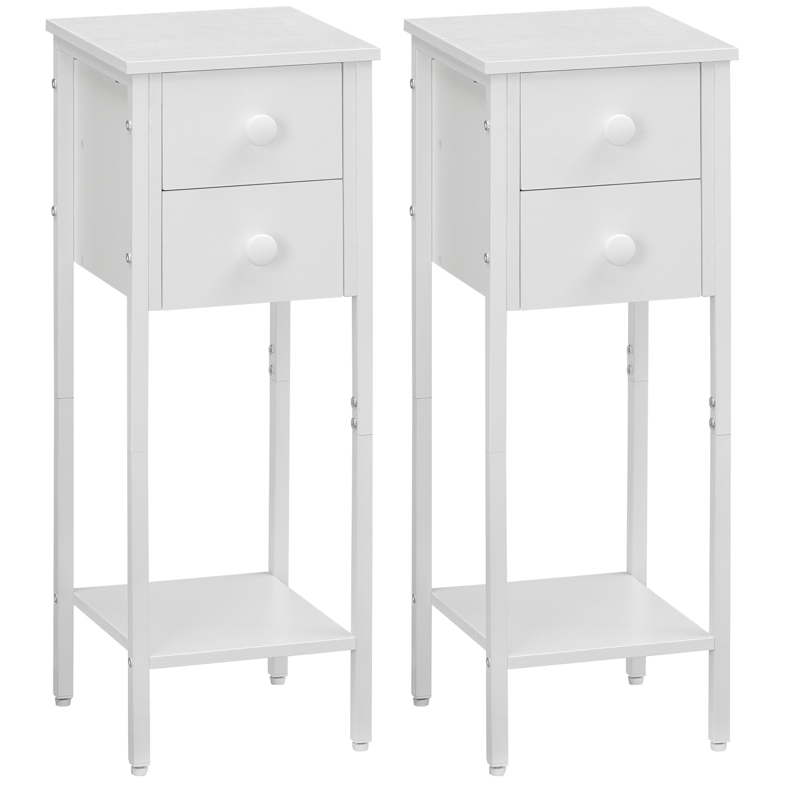 juego de mesita de noche de 2, mesita de noche estrecha, mesa auxiliar blanca con 2 cajones, Pequeña mesita de noche con marco de metal, estante abierto, mesita de noche delgada para espacios pequeños, blanco