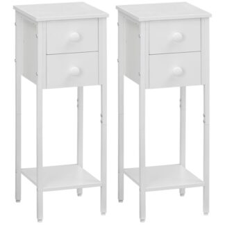 مجموعة طاولة السرير من 2, طاولة سرير ضيقة, طاولة جانبية بيضاء مع 2 أدراج, طاولة صغيرة بجانب السرير مع إطار معدني, فتح الرف, منضدة نحيفة للمساحات الصغيرة, أبيض
