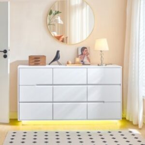 White Dresser for Bedroom, Handless 9 Drawers Dresser, 55'' Modern White Chest of Drawers with Charging Station and LED Light, Dressers Organizer for Bedroom, Living Room, Hallway