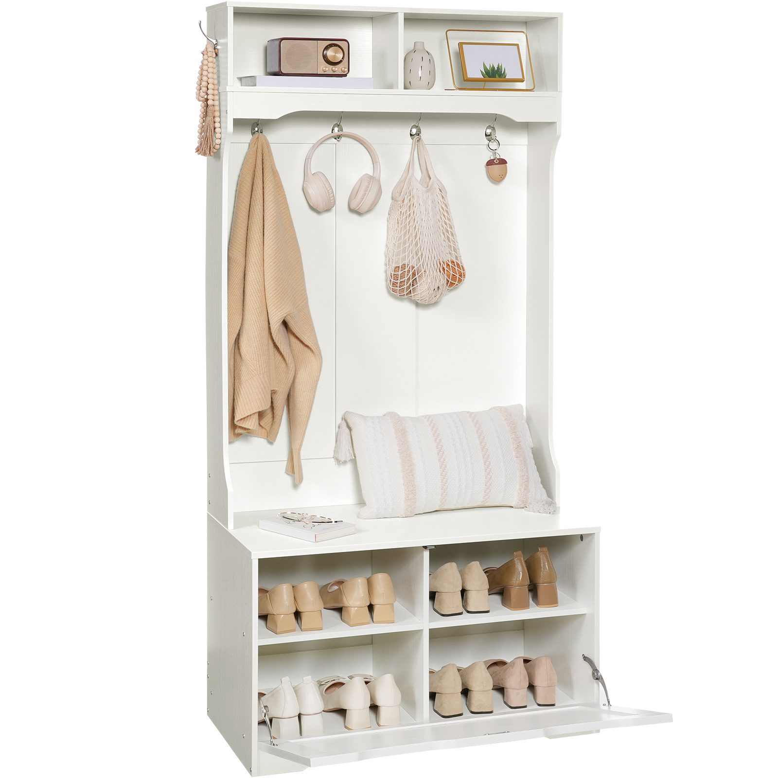 Entryway Hall Tree with Integrated Bench & Shoe Storage, Coat Rack with Flip-Down Cabinet Door, Multi-Functional Storage Solution for Mud Room, White Finish