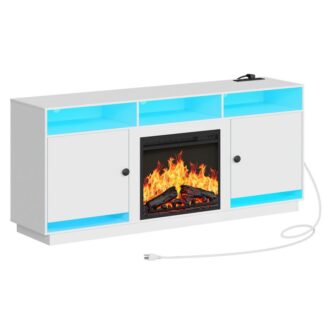 حامل تلفزيون الموقد الكهربائي مع مصابيح LED ومنافذ الطاقة, وحدة التحكم التلفزيونية البيضاء لـ 32" 43" 50" 55" 65", مركز الترفيه مع تخزين ورفوف زجاجية قابلة للتعديل, أبيض